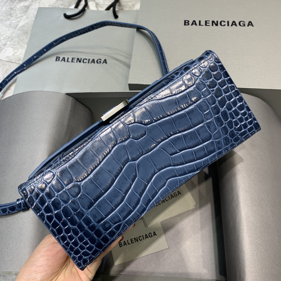 Balenciaga Hourglass Small Handbag Crocodile Embossed Shoulder Bag Gray Blue